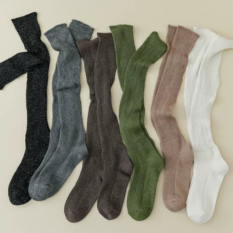 Findszx | Women’s Knee-High Pile Cotton Socks with Vertical Stripe Design for Spring & Autumn Wear