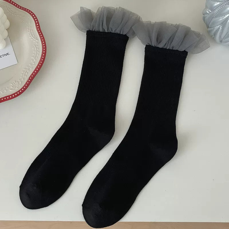 Findszx | Women’s Lace Panel Knee-High Socks with Mesh Texture for Everyday Fashion Wear