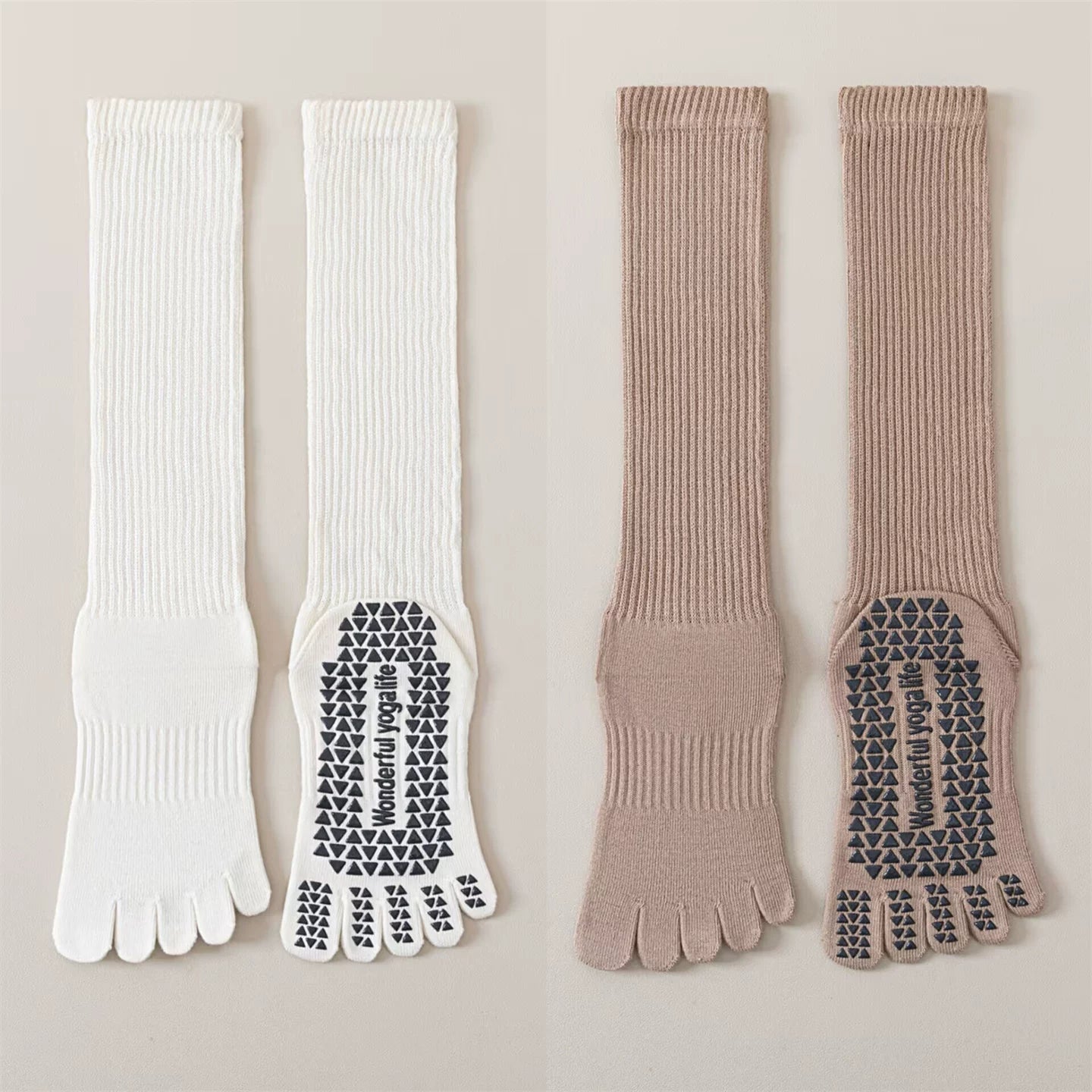 Findszx | Five-Toe Calf Socks in Warm Neutral Tones, Lightweight Design for Yoga & Pilates Wear