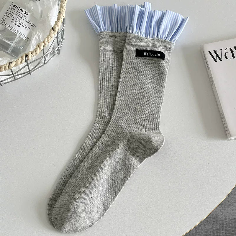 Findszx | Plaid Lace-Trim Mid-Calf Socks for Women, Letter Detail Knit, Layered Everyday Style