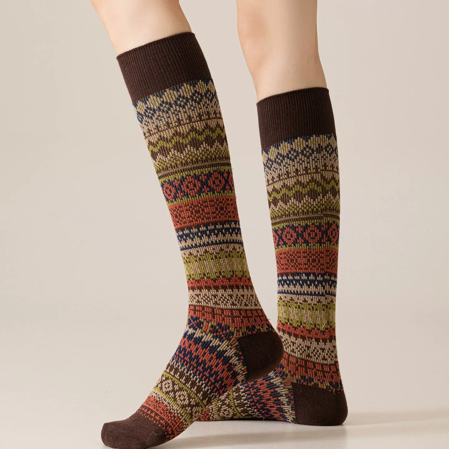Ethnic Style Retro Calf Socks Double-Needle Fair Isle Stockings For Women In Autumn And Winter Paired With Snow Boots And Piled High Socks