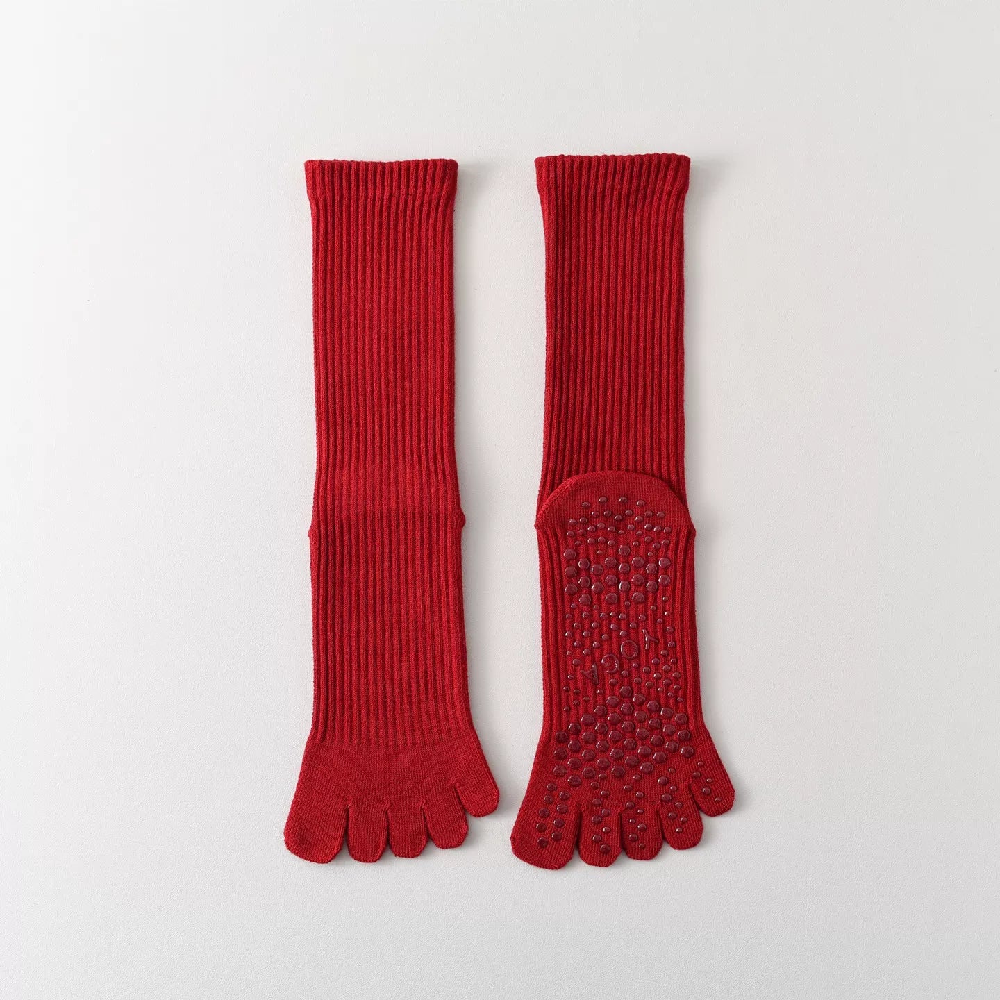 Findszx | Women’s Red Mid-Calf Five-Toe Yoga Socks with Grip for Pilates & Indoor Fitness