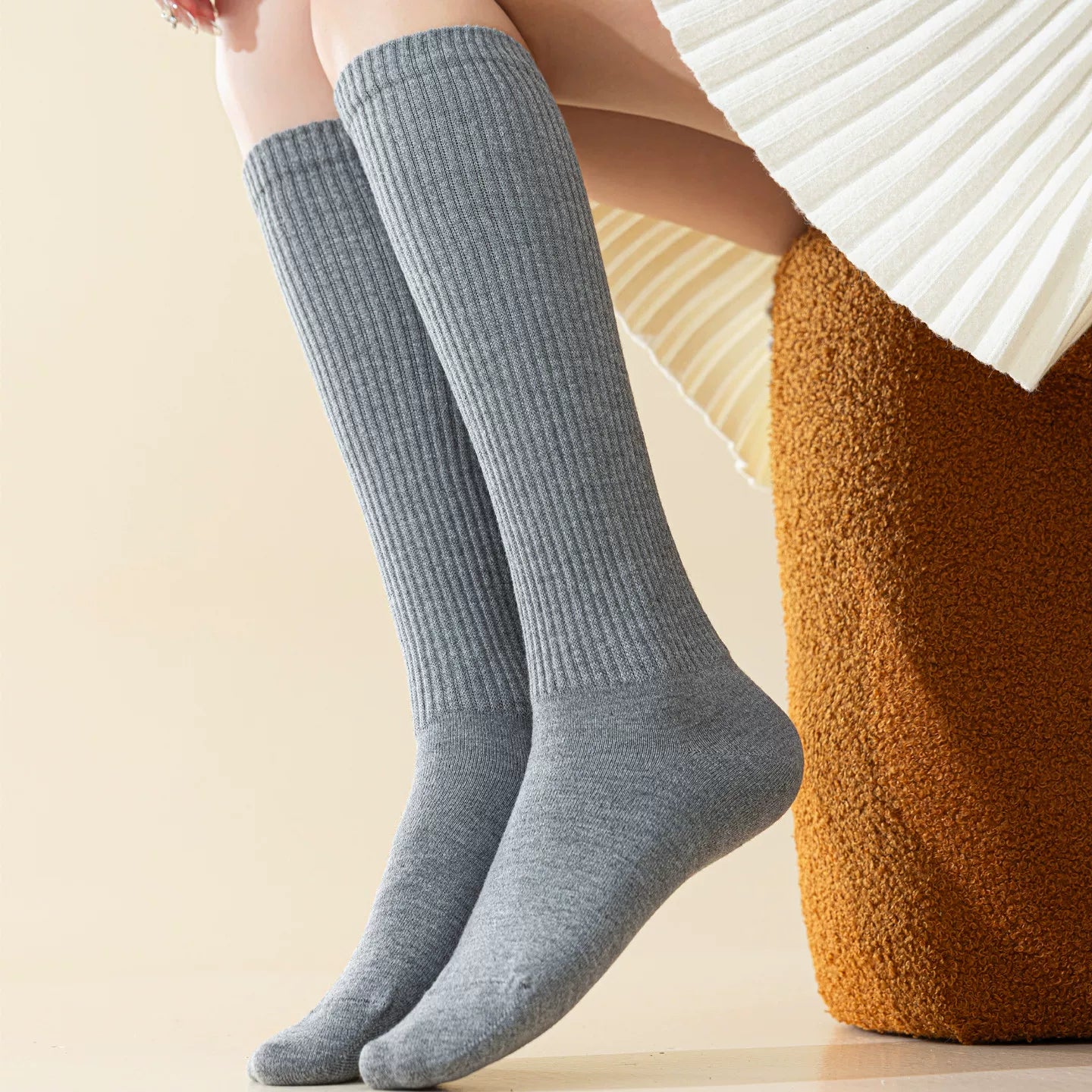 Findszx | Women’s Warm Wool-Blend Knee-High Socks with Striped Design for Autumn & Winter Wear