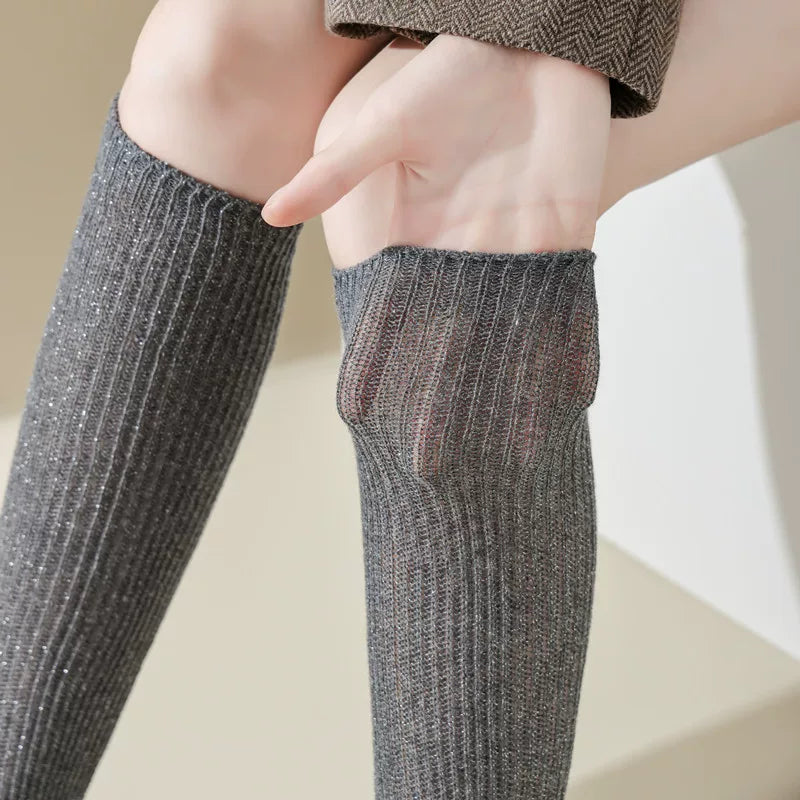 Findszx | Women’s Knee-High Pile Cotton Socks with Vertical Stripe Design for Spring & Autumn Wear