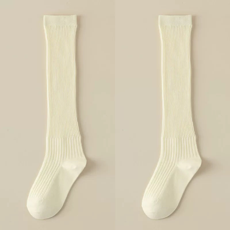 Findszx | Women’s White Long Calf Pile Socks with Vertical Stripe Texture for Spring & Summer Wear