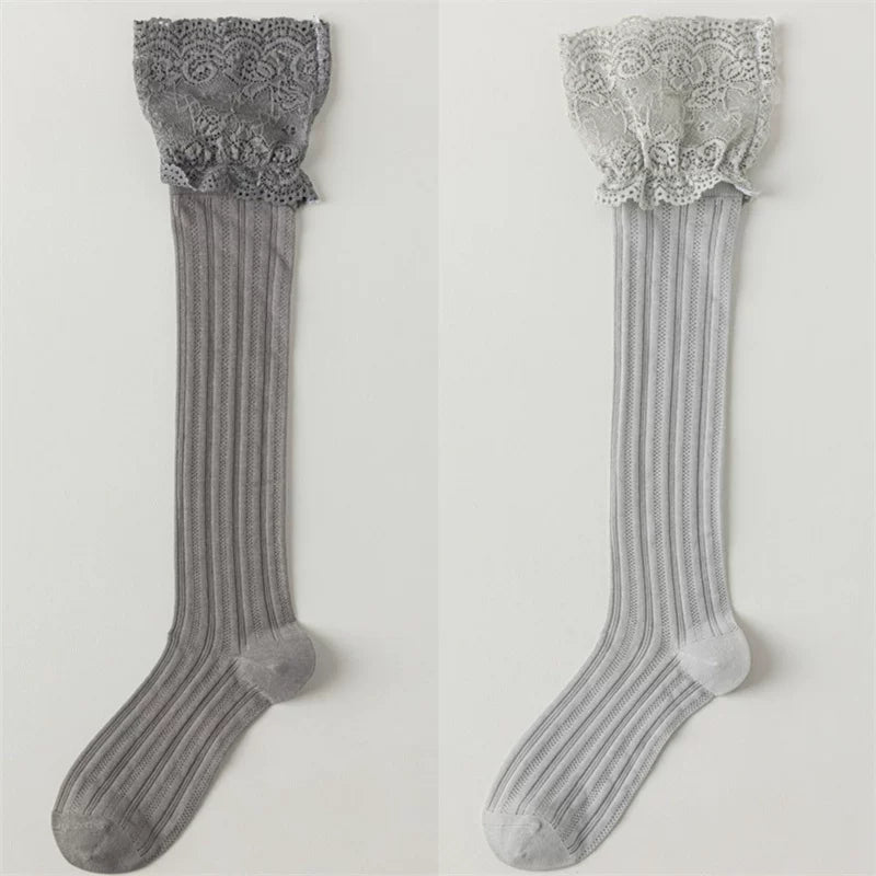 Findszx | Lace-Trim Long Calf Socks for Women, Lightweight Cotton Blend, Boot-Friendly Daily Style