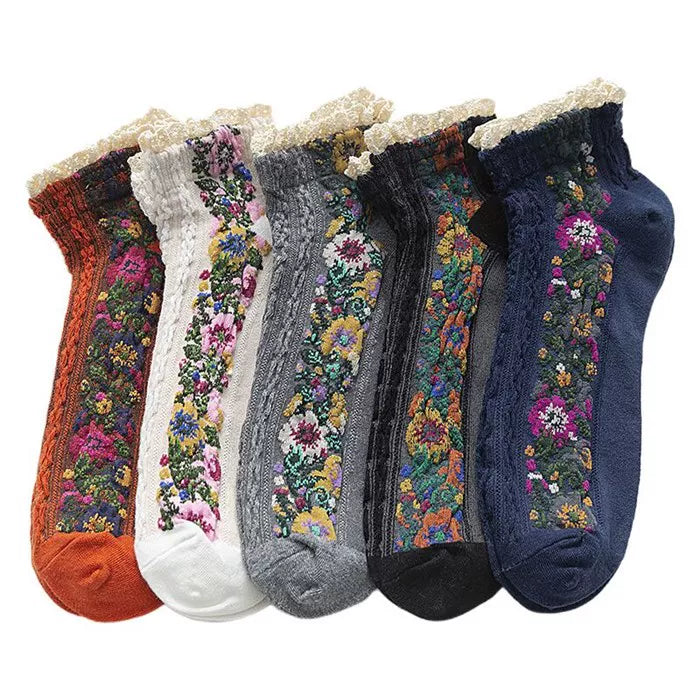 Findszx | Women’s Floral Pattern Cotton Mid-Calf Socks with Lace Detail for Spring & Autumn Wear