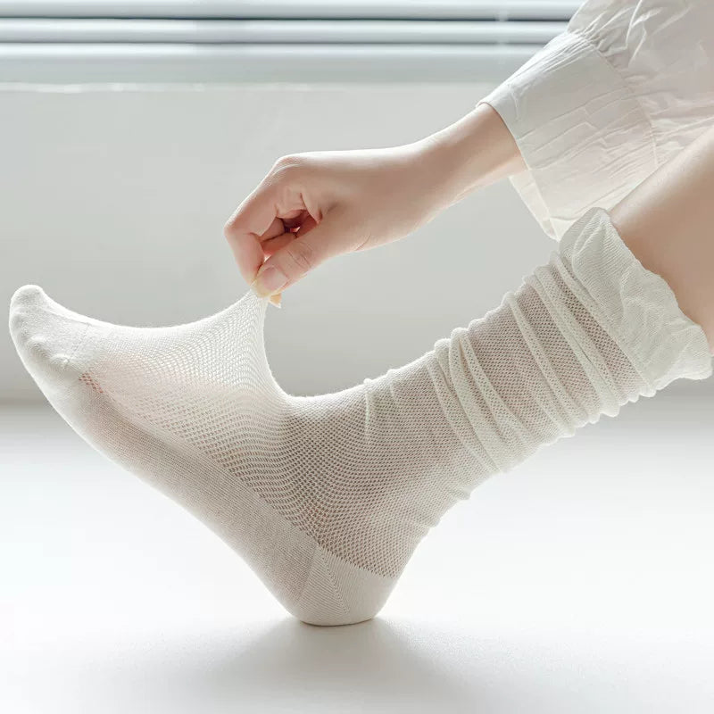 Findszx | Women’s Ballet-Inspired Bubble-Cuff Calf Socks with Ultra-Light Mesh Cotton for Summer Wear