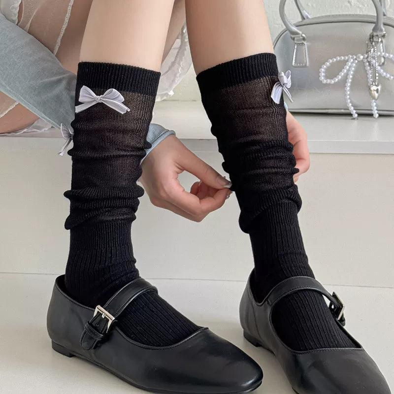 Ballet Style Bow Socks For Women Thin Sweet Cool Calf Socks Vertical Strip Jk Fashionable Miu Gray Pile Stockings