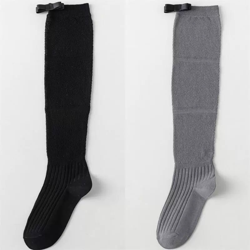 Findszx | Women’s Ballet-Inspired Long Calf Cotton Socks with Bow Detail and Sheer Mesh Texture