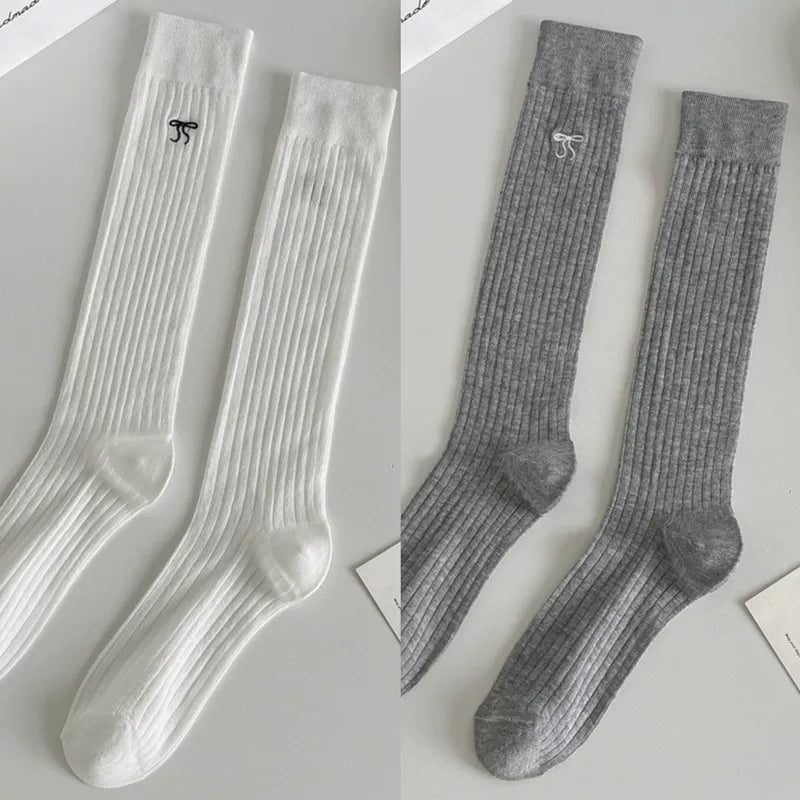 Ballet Style Bow Long Socks For Women Summer Thin Mid-High Calf Socks Mesh Breathable Pile Stockings Cotton