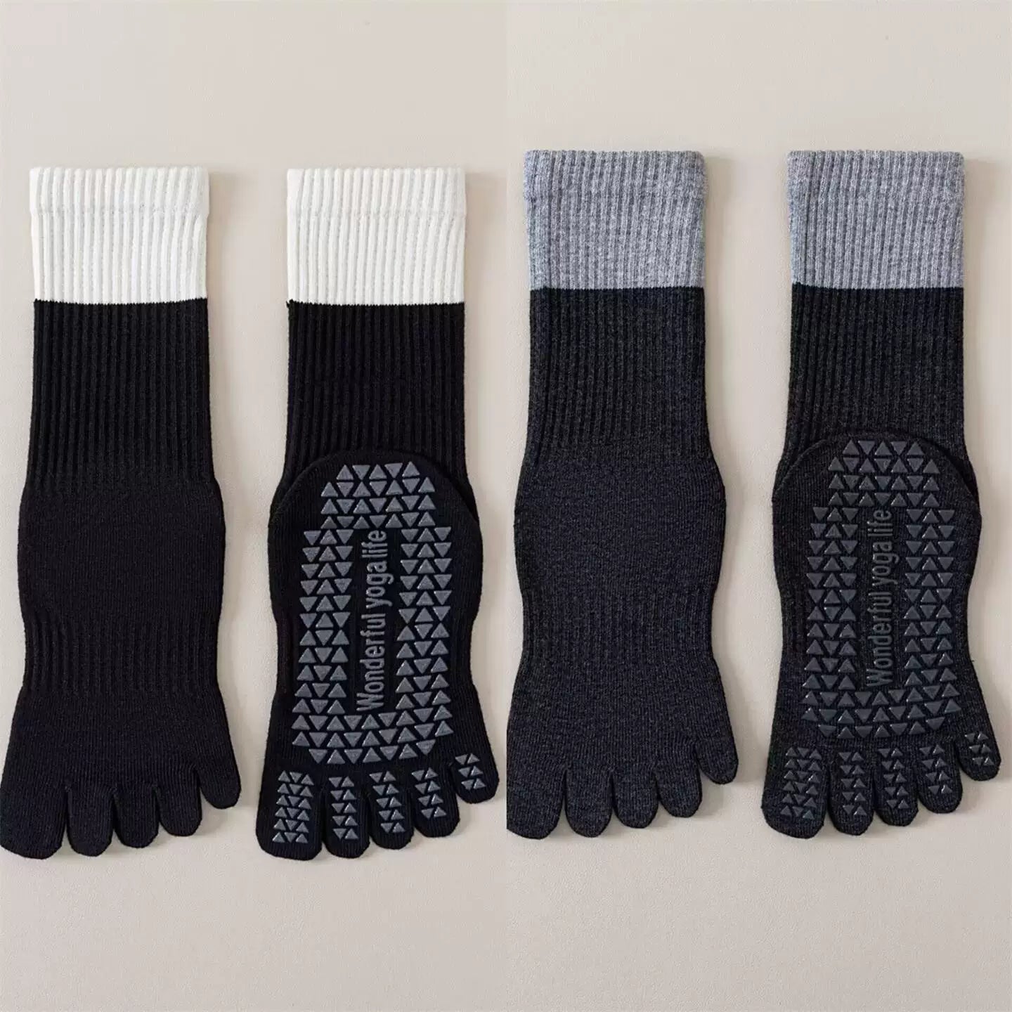 Findszx | Women’s Color-Block Mid-Calf Five-Toe Yoga Socks with Grip for Pilates & Indoor Fitness