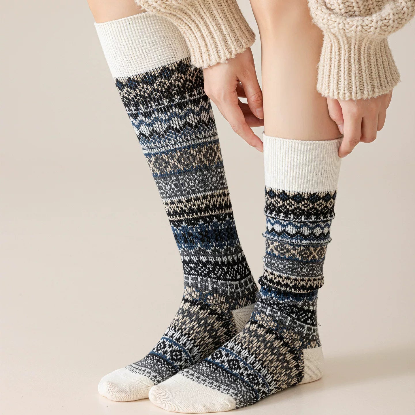 Ethnic Style Retro Calf Socks Double-Needle Fair Isle Stockings For Women In Autumn And Winter Paired With Snow Boots And Piled High Socks