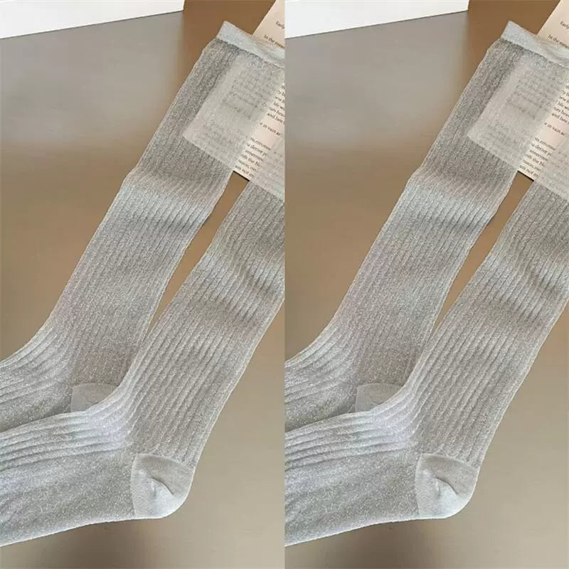 Findszx | Lightweight Vertical Stripe Long Calf Socks for Women, Sheer Texture Design, Spring & Summer Style