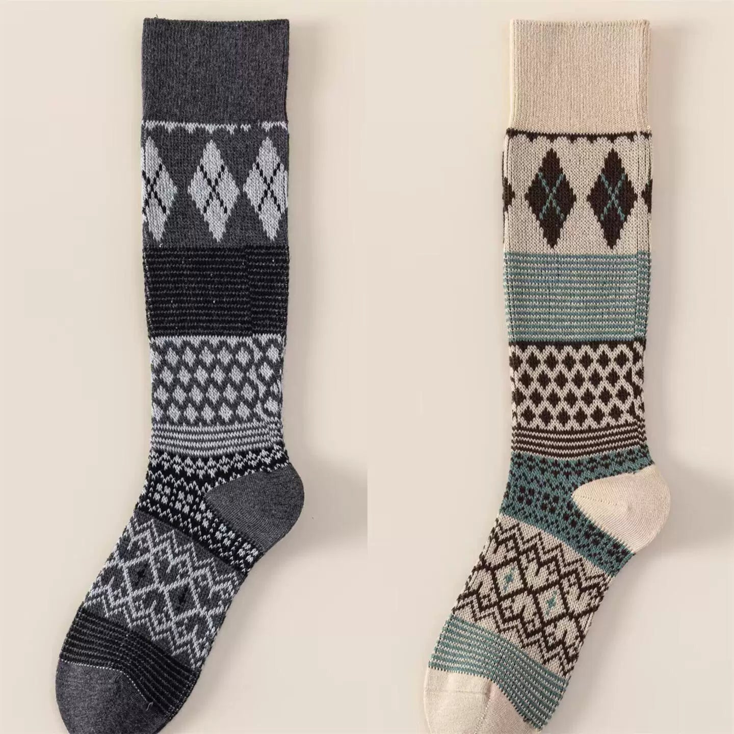 Findszx | Women’s Retro Diamond-Pattern Double-Knit Calf Socks in Cotton for Everyday Wear