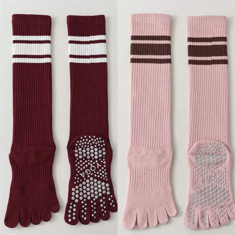 Findszx | Long Five-Toe Calf Socks for Women, Deep Red Tone, Yoga & Pilates Active Wear Style