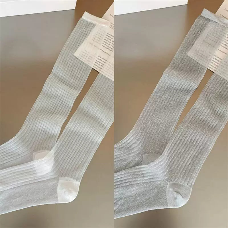 Findszx | Lightweight Vertical Stripe Long Calf Socks for Women, Sheer Texture Design, Spring & Summer Style