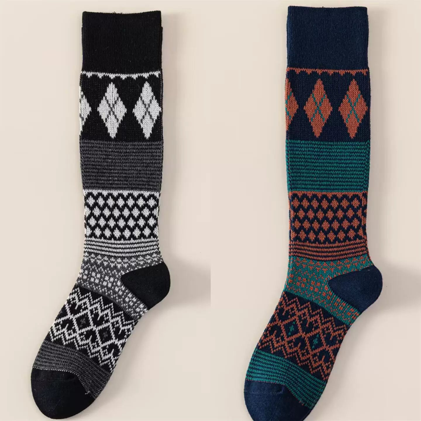 Findszx | Women’s Retro Diamond-Pattern Double-Knit Calf Socks in Cotton for Everyday Wear