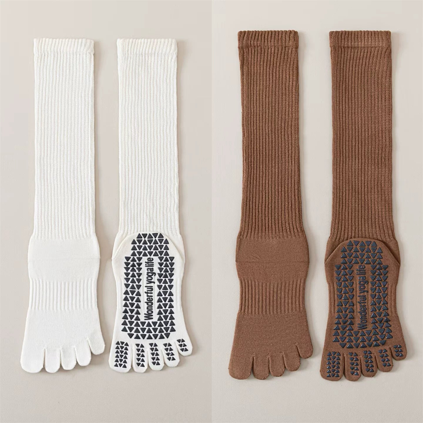 Findszx | Five-Toe Calf Socks in Warm Neutral Tones, Lightweight Design for Yoga & Pilates Wear