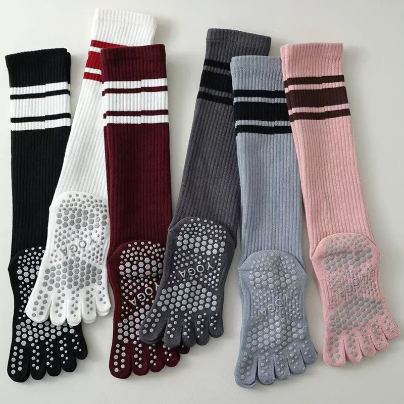 Findszx | Long Five-Toe Calf Socks for Women, Deep Red Tone, Yoga & Pilates Active Wear Style