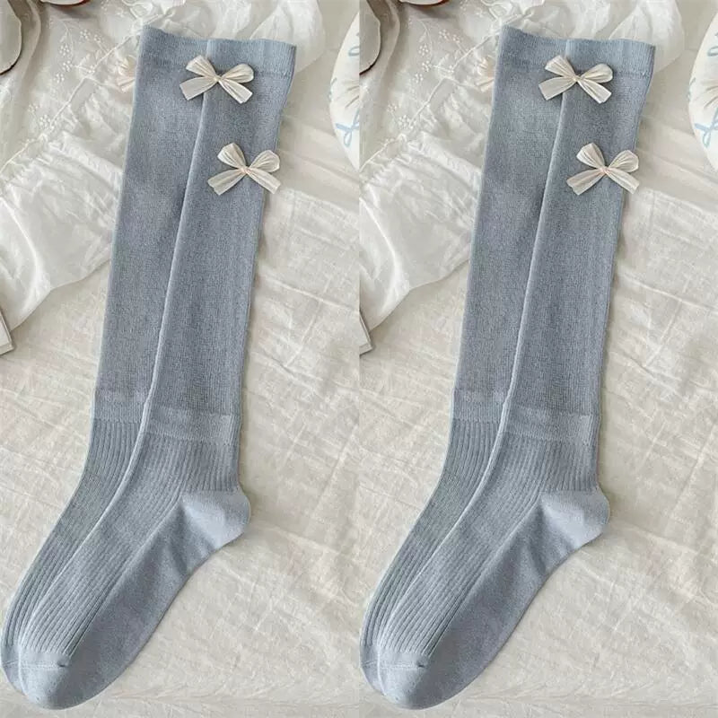 Ballet Style Bow Socks For Women Thin Sweet Cool Calf Socks Vertical Strip Jk Fashionable Miu Gray Pile Stockings