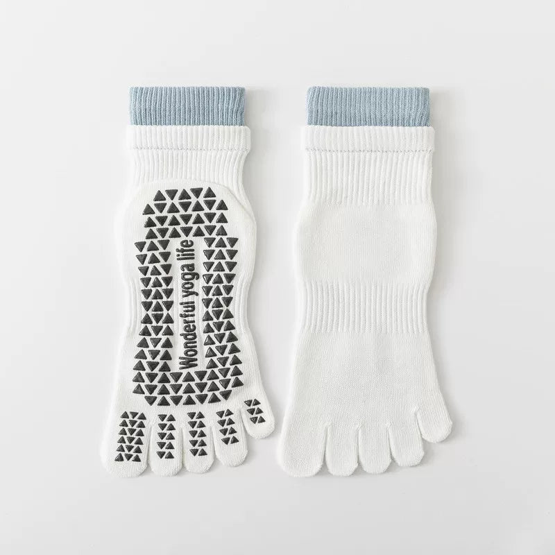 Findszx | Women’s Double-Cuff Mid-Calf Five-Toe Yoga Socks with Grip for Pilates & Indoor Fitness
