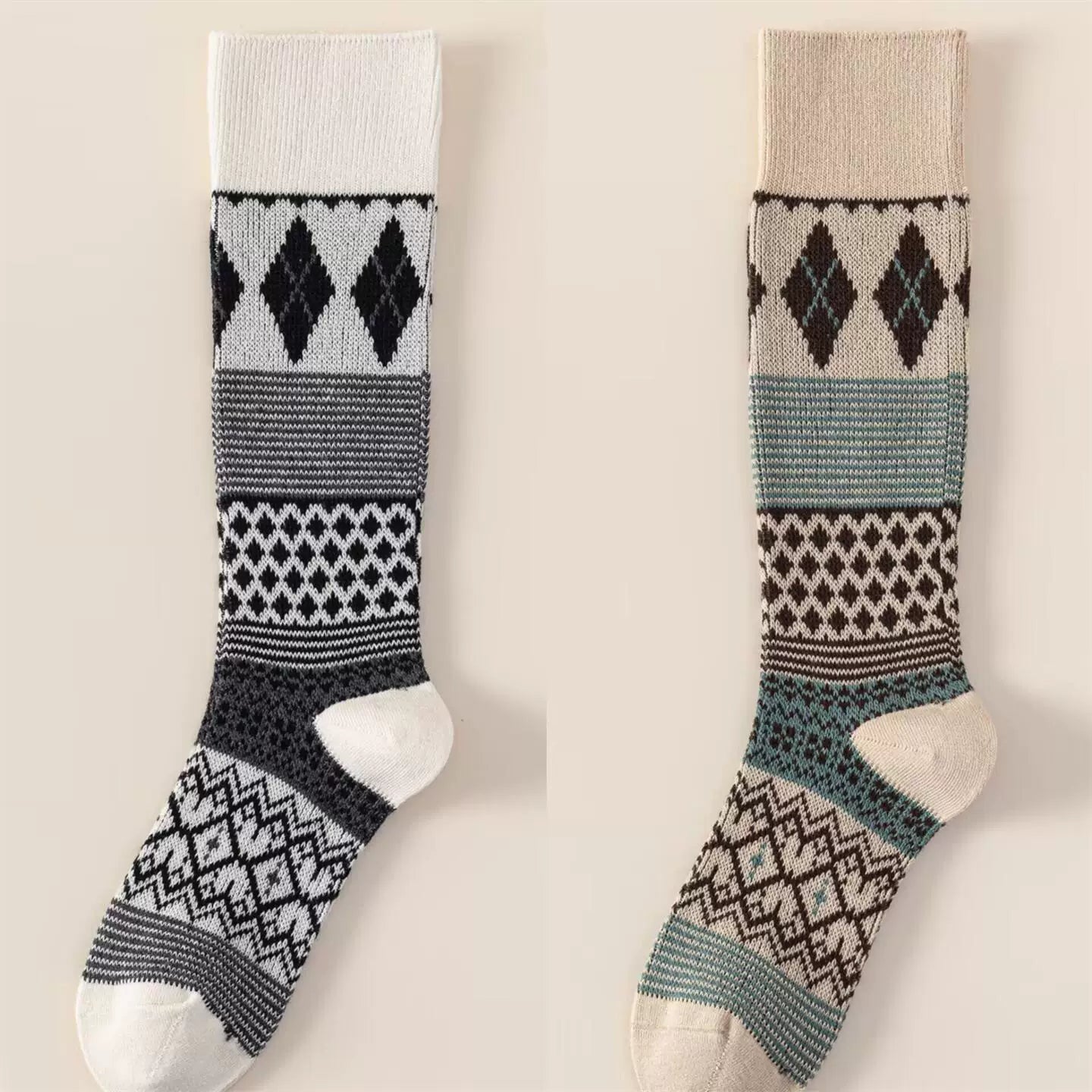 Findszx | Women’s Retro Diamond-Pattern Double-Knit Calf Socks in Cotton for Everyday Wear