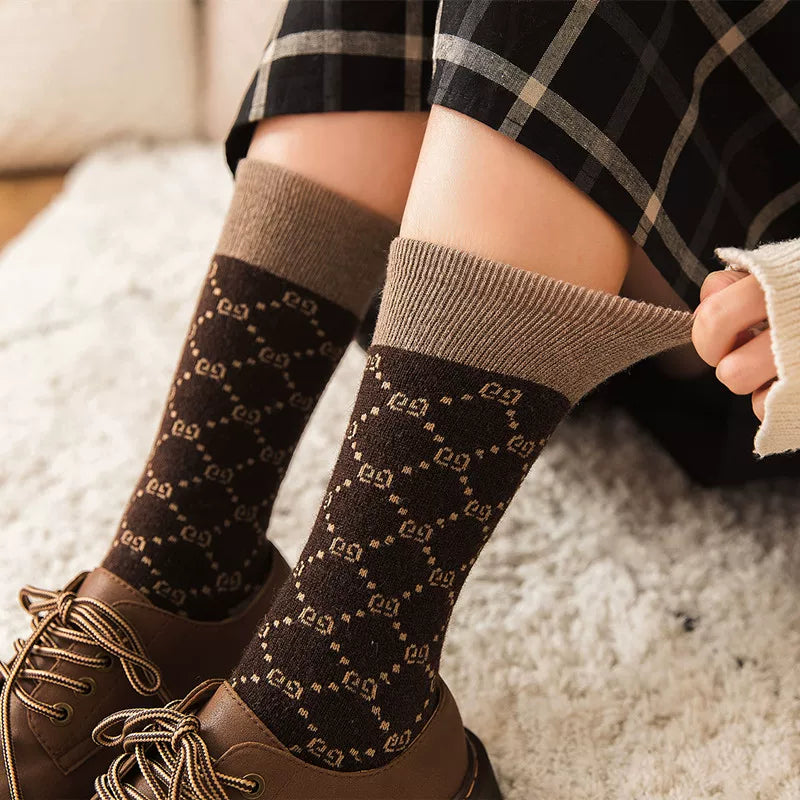 Findszx | Women’s Mid-Calf Wool-Blend Socks with Letter Detail and Soft Pile Texture for Autumn & Winter Wear