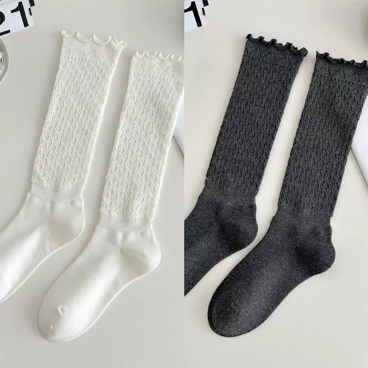 Findszx | Women’s Retro Knit Calf Socks with Lace Trim for Spring & Autumn Wear
