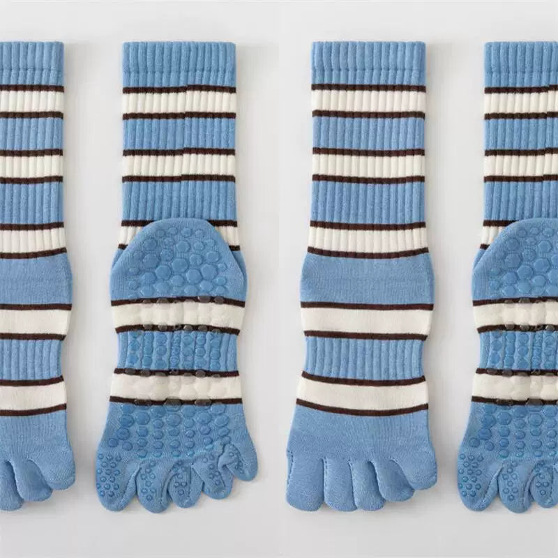 Findszx | Women’s Five-Toe Mid-Calf Socks for Yoga & Dance, Striped Pattern with Dotted Detail, Active Style