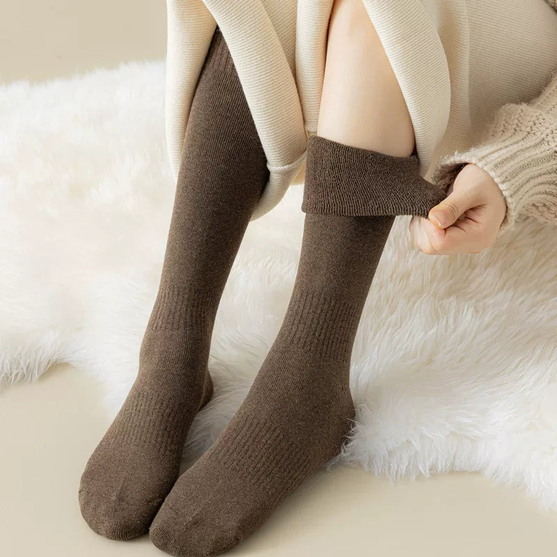 Findszx | Women’s Thick Terry Cotton Long Calf Socks in Solid Black for Autumn & Winter Wear