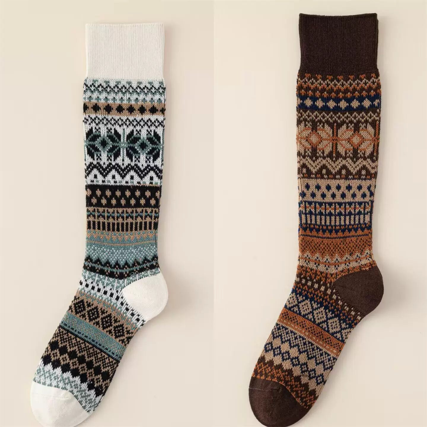 Findszx | Women’s Double-Knit Calf Cotton Socks in Warm Neutral Tones for Autumn & Winter Wear