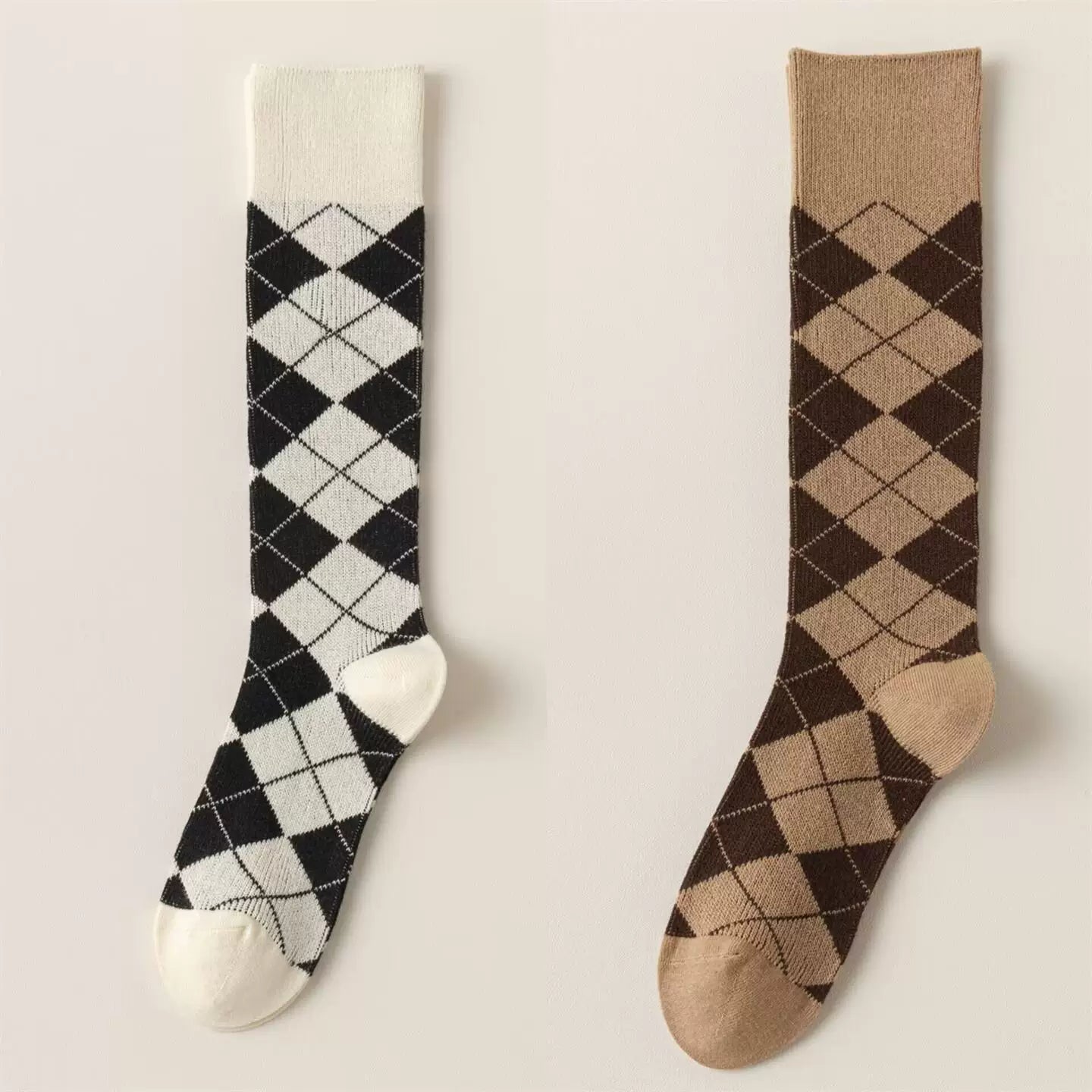 Findszx | Women’s Retro-Inspired Knee-High Cotton Socks with Diamond Pattern for Autumn & Winter Wear