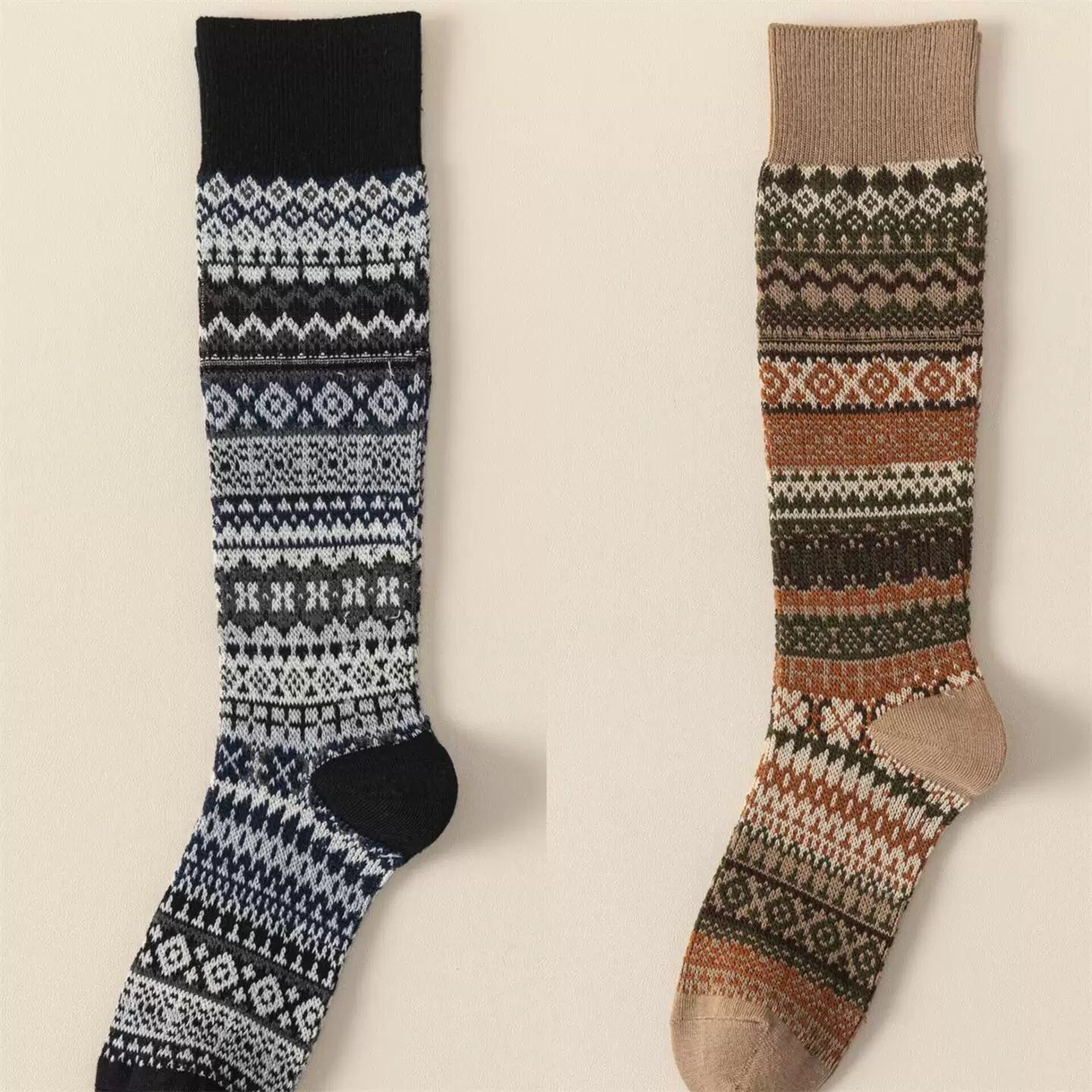 Ethnic Style Retro Calf Socks Double-Needle Fair Isle Stockings For Women In Autumn And Winter Paired With Snow Boots And Piled High Socks