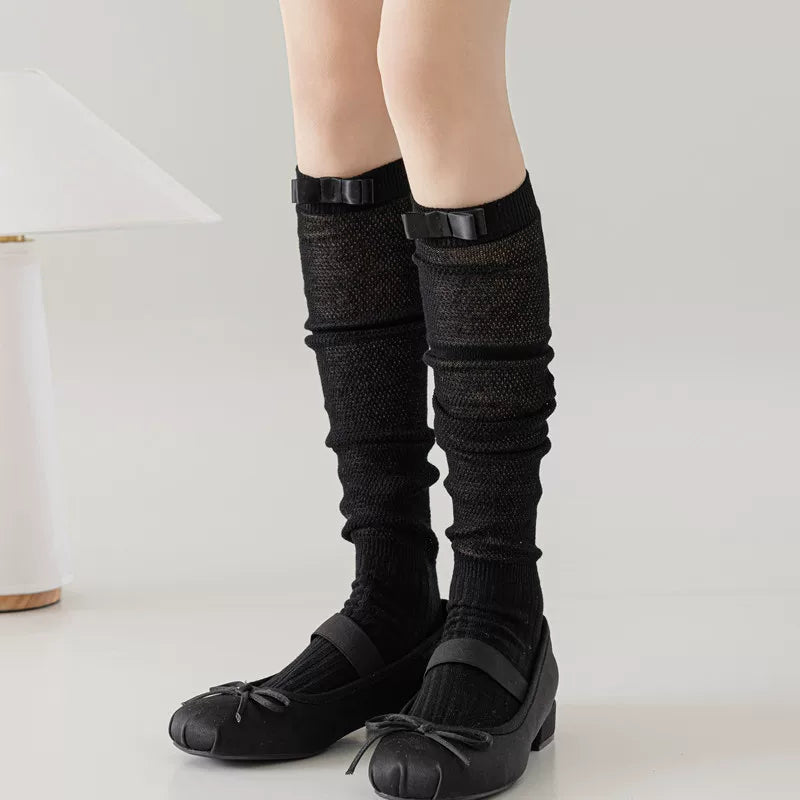 Findszx | Women’s Ballet-Inspired Long Calf Cotton Socks with Bow Detail and Sheer Mesh Texture