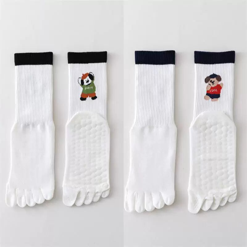 Findszx | Women’s Cartoon-Style Mid-Calf Five-Toe Yoga Socks with Grip for Pilates & Indoor Fitness