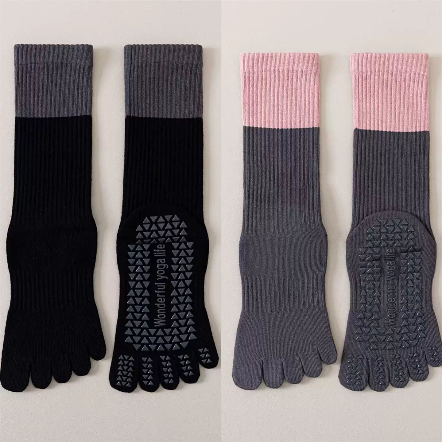 Findszx | Women’s Color-Block Mid-Calf Split-Toe Yoga Socks with Grip for Pilates & Indoor Fitness