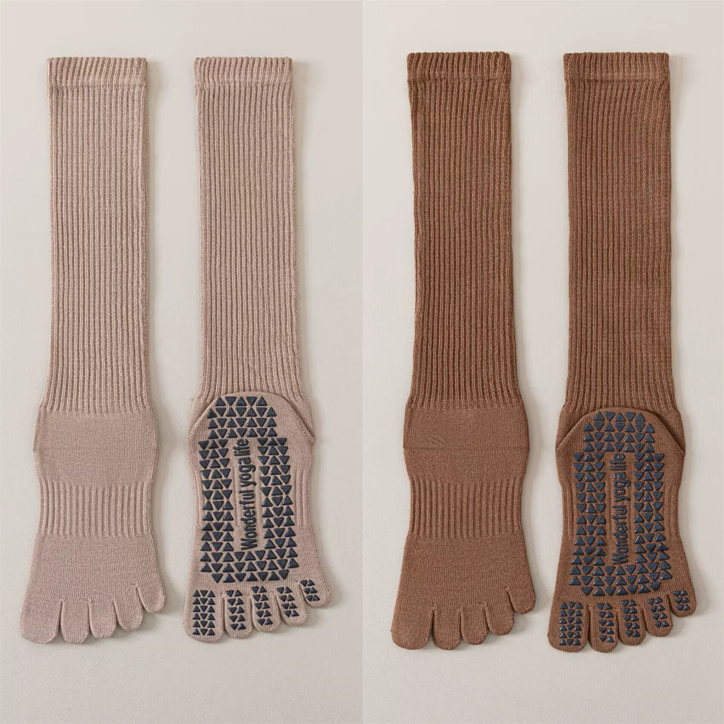 Findszx | Five-Toe Calf Socks in Warm Neutral Tones, Lightweight Design for Yoga & Pilates Wear