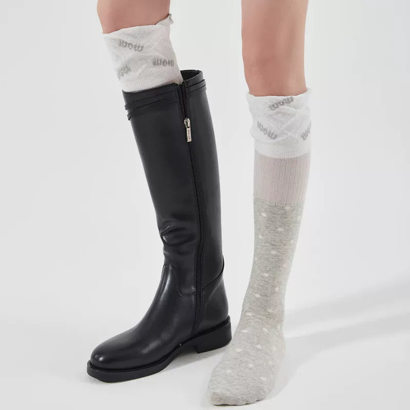 Findszx | Women’s Ballet-Inspired Lace Mid-Calf Cotton Socks with Polka Dot Detail for Spring & Summer Wear