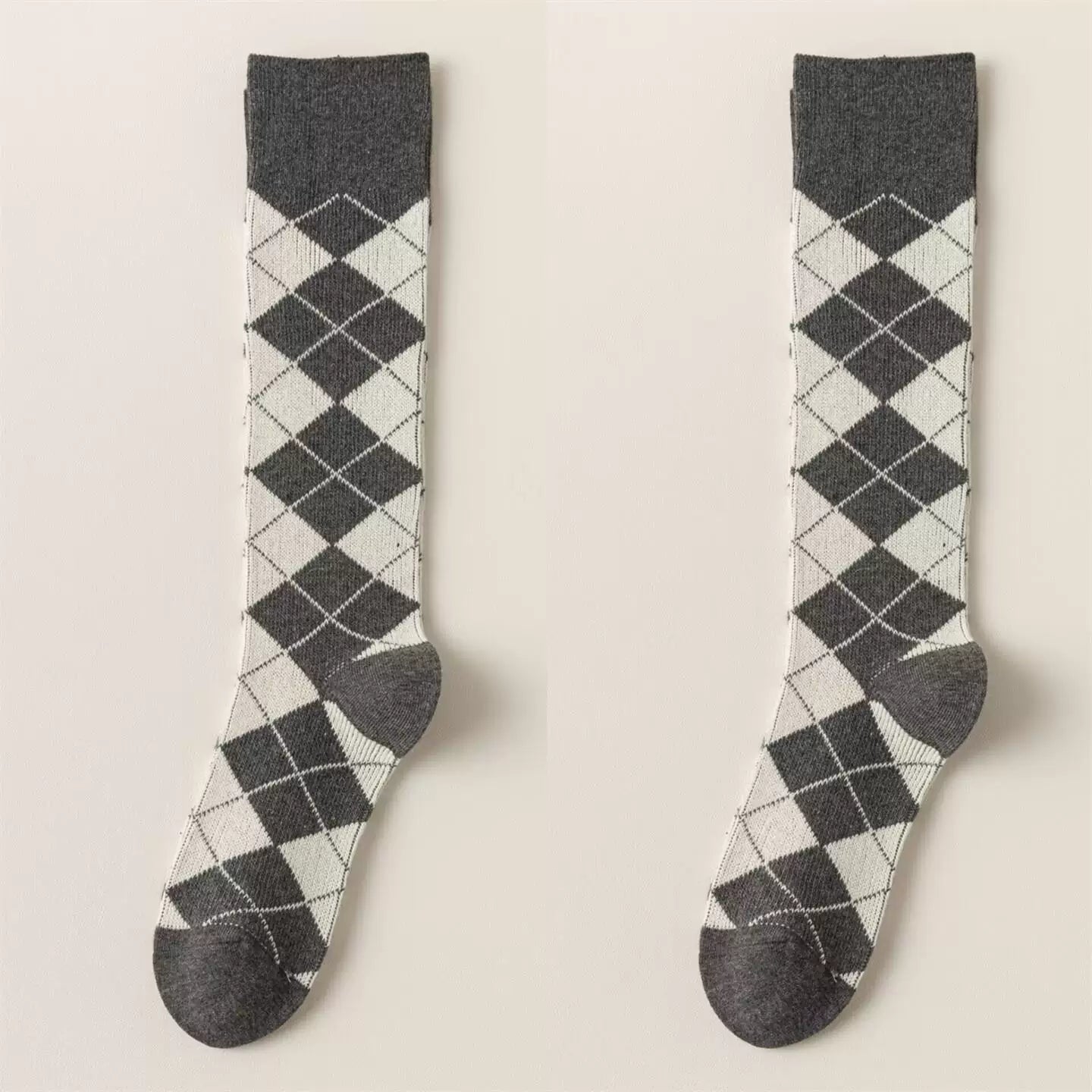 Findszx | Women’s Retro-Inspired Knee-High Cotton Socks with Diamond Pattern for Autumn & Winter Wear