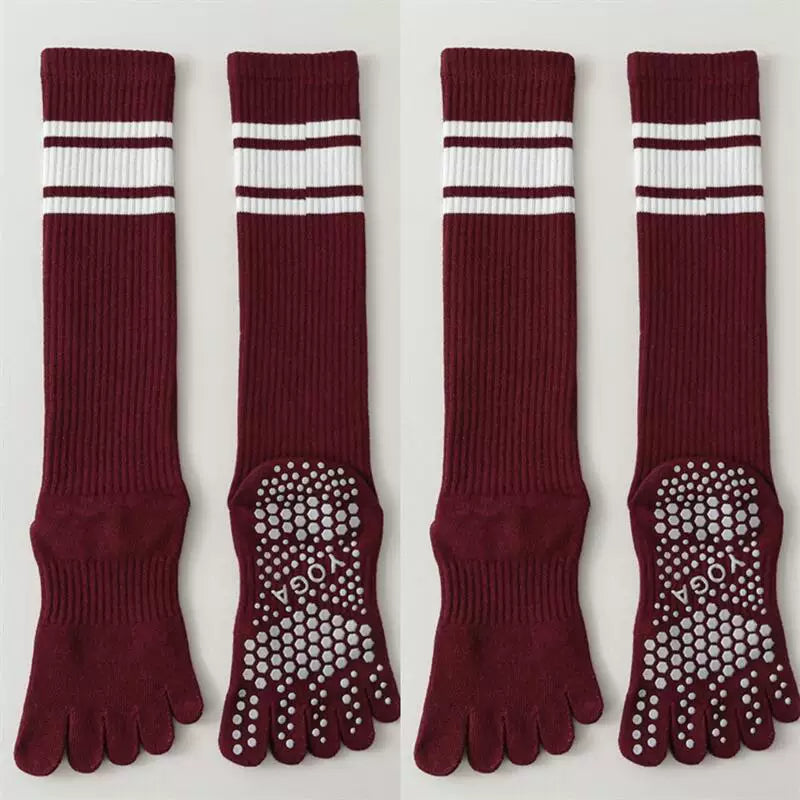Findszx | Long Five-Toe Calf Socks for Women, Deep Red Tone, Yoga & Pilates Active Wear Style