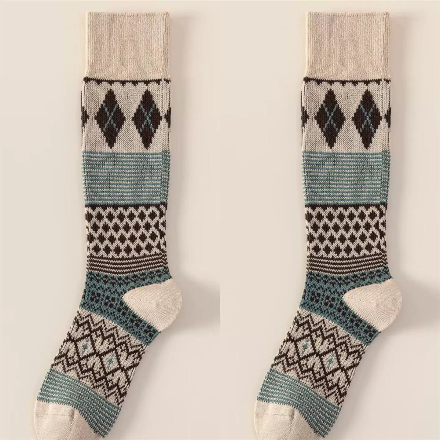 Findszx | Women’s Retro Diamond-Pattern Double-Knit Calf Socks in Cotton for Everyday Wear