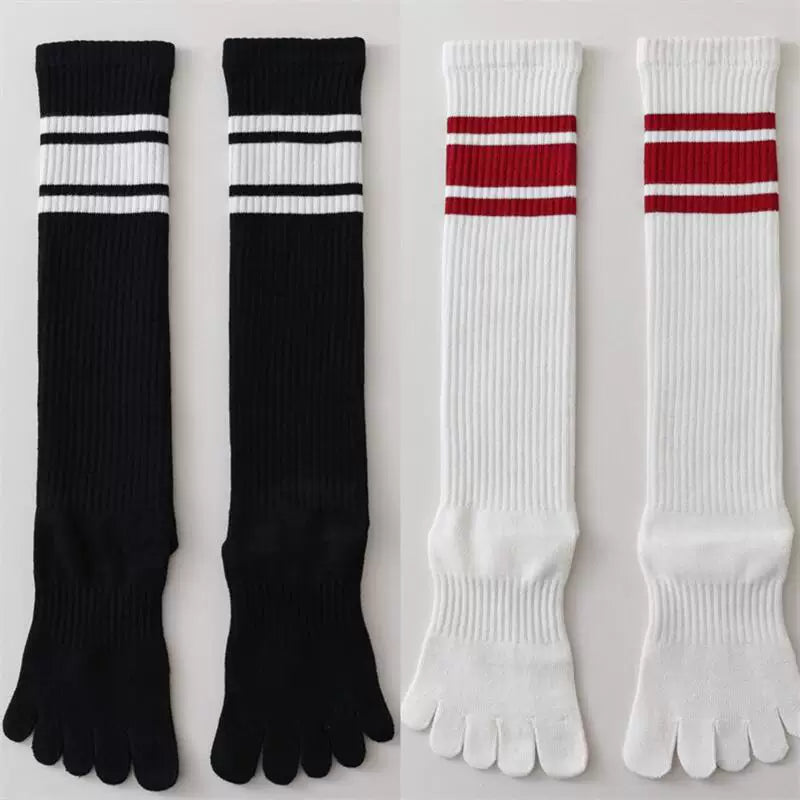 Findszx | Women’s Knee-High Five-Toe Cotton Socks with Striped Design for Spring & Autumn Wear
