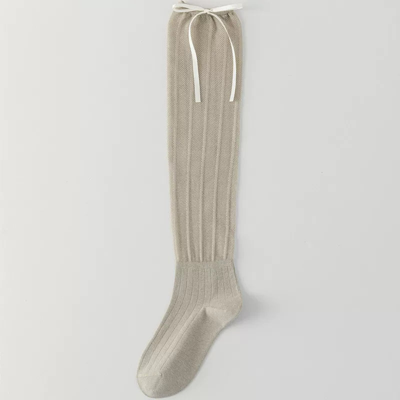 Findszx | Women’s Ballet-Inspired Hollow Knit Calf Socks with Bow Detail for Spring & Summer Wear