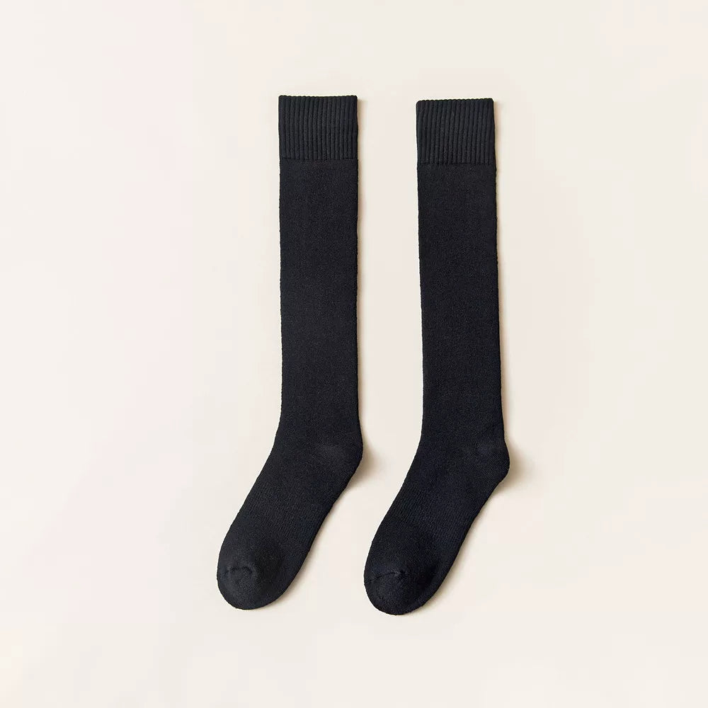 Findszx | Women’s Thick Terry Cotton Long Calf Socks in Solid Black for Autumn & Winter Wear