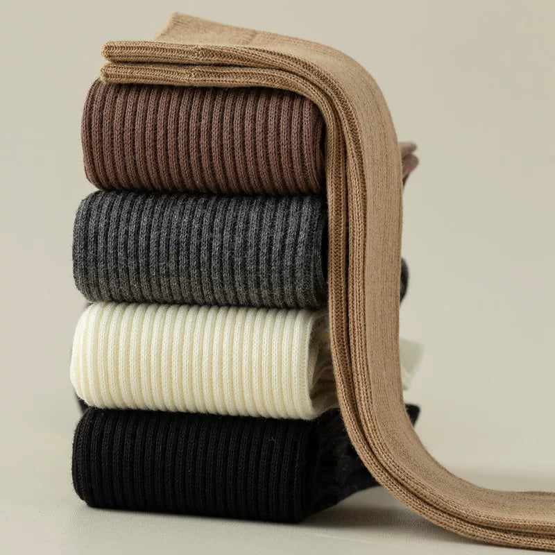 Findszx | Women’s White Long Calf Pile Socks with Vertical Stripe Texture for Spring & Summer Wear