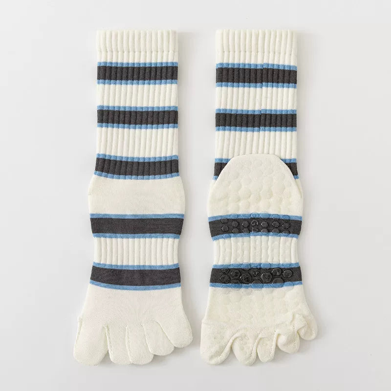 Findszx | Women’s Five-Toe Mid-Calf Socks for Yoga & Dance, Striped Pattern with Dotted Detail, Active Style
