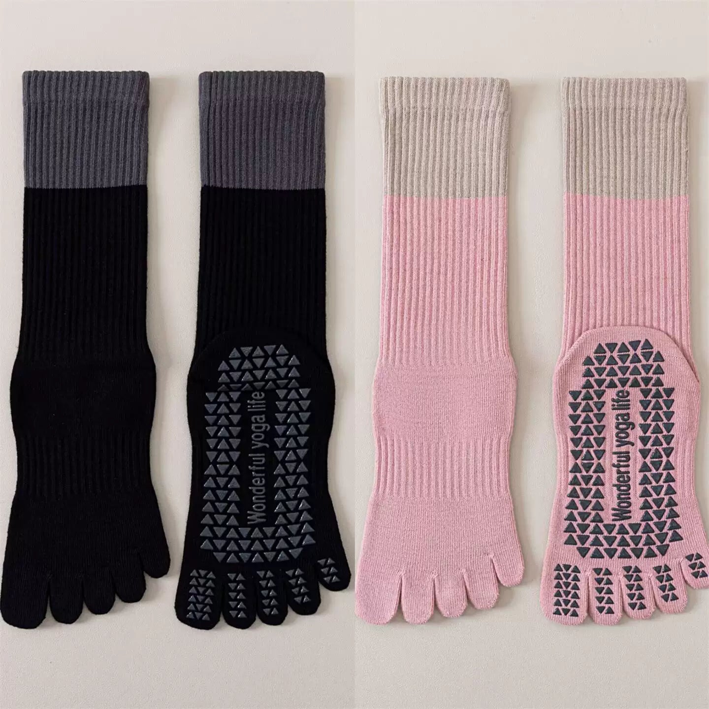 Findszx | Women’s Color-Block Mid-Calf Split-Toe Yoga Socks with Grip for Pilates & Indoor Fitness