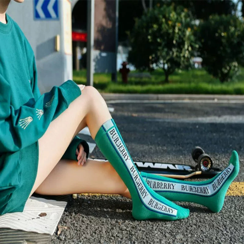 Findszx | Letter Stripe Mid-Calf Socks for Women, Sport-Inspired Knit Design, Spring & Autumn Daily Wear