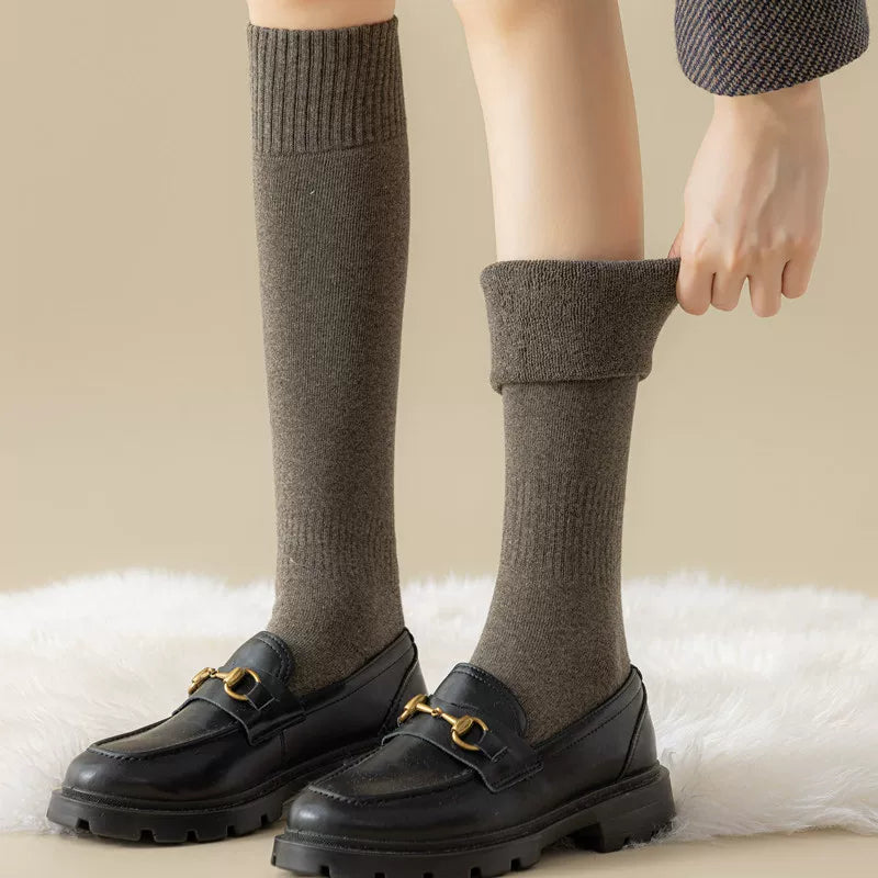 Findszx | Women’s Thick Terry Cotton Long Calf Socks in Solid Black for Autumn & Winter Wear